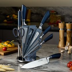 НАБОР НОЖЕЙ AGNESS С НОЖНИЦАМИ И МУСАТОМ НА ПЛАСТИКОВОЙ ПОДСТАВКЕ, 8 ПРЕДМЕТОВ (КОР=6НАБОР.)