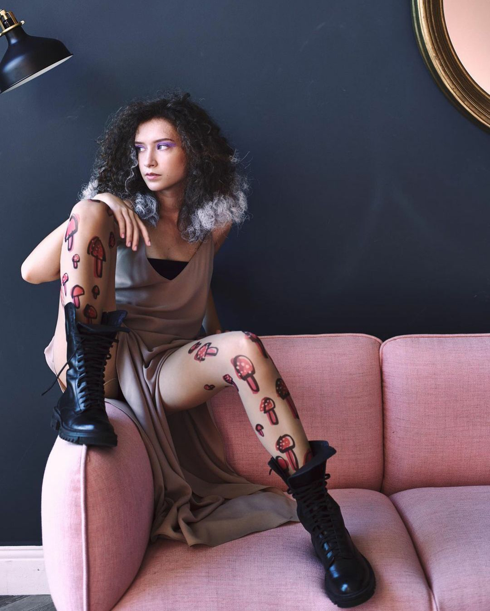 Чулки с принтом в виде грибов (Размер: S-M-L) (Цвет: бежевый)