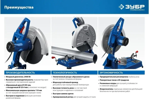 Отрезная пила ЗУБР ПО-355 Профессионал / дискаd 355 мм, мощность 2400 Вт, посадочный диаметр диска 25.4 мм, число оборотов 3900 об/мин, кабель 2 м / пильный инструмент