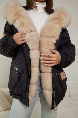 Черный стеганый пуховик со светлым мехом из песца