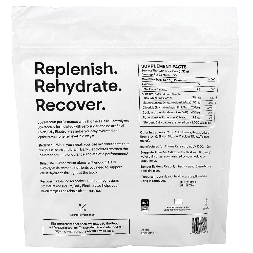 Thorne, ежедневные электролиты, со вкусом манго и лаймада, 30 пакетиков по 4,37 г (0,15 унции)