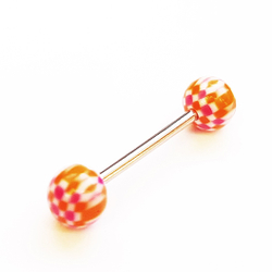 Штанга 16 мм с акриловыми цветными шариками 6 мм (шахматка оранжевый-фиолетовый) для пирсинга языка. Медицинская сталь. 1 шт