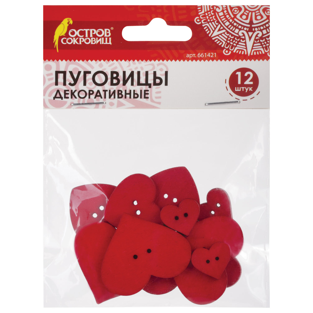 Пуговицы декоративные СЕРДЦЕ, дерево, 12шт., ассорти, красные, ОСТРОВ СОКРОВИЩ