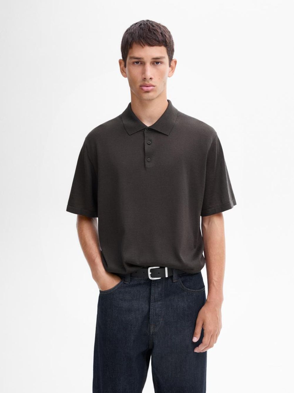 Massimo Dutti Поло из смесовой шерсти с воротником поло и короткими рукавами, серый