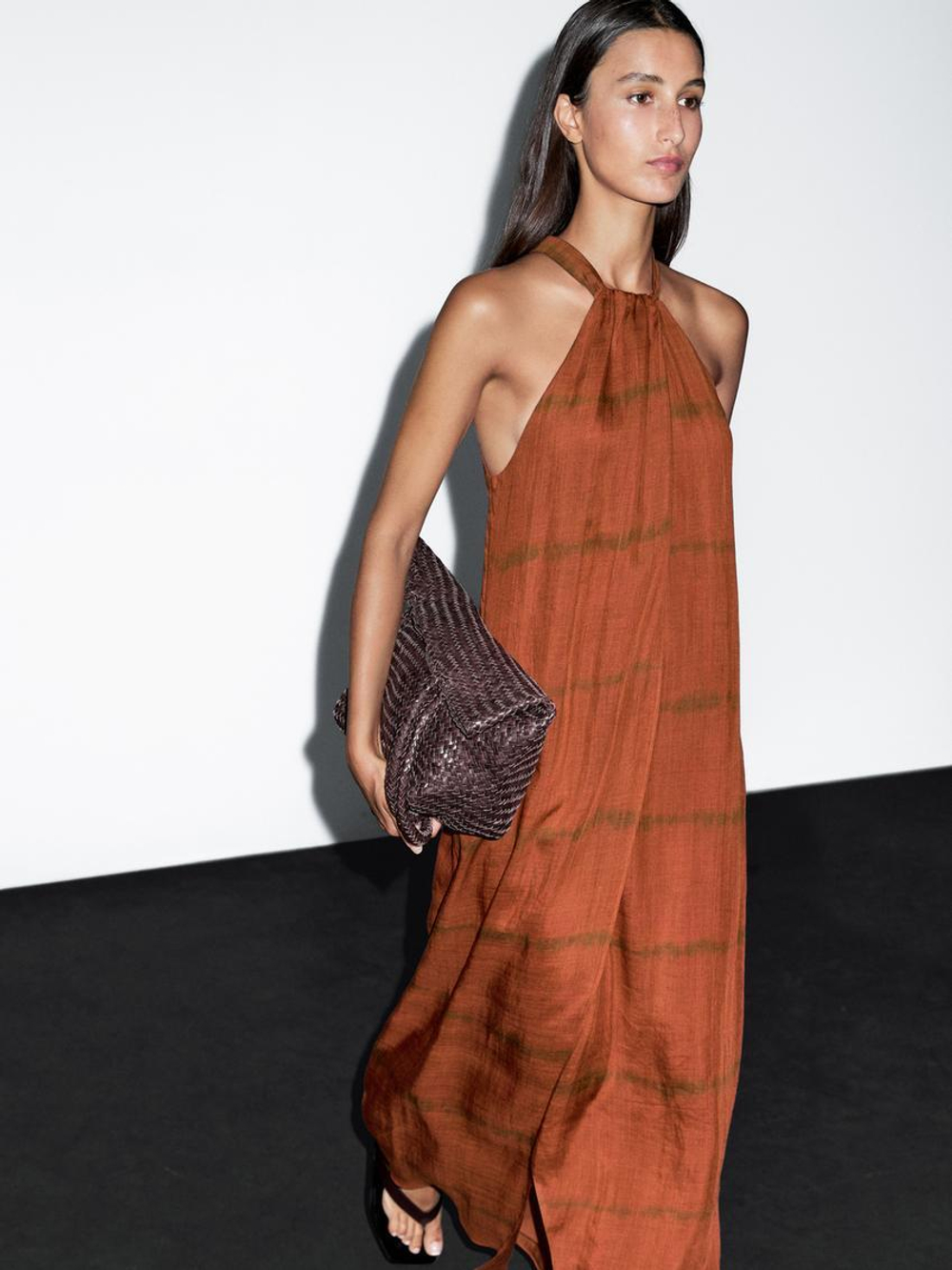 Massimo Dutti Длинное платье в полоску с горловиной халтер, черепичный