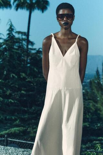 ZARA ПЛАТЬЕ МИДИ ИЗ КОЛЛЕКЦИИ ZW НА БРЕТЕЛЯХ, ЭКРЮ