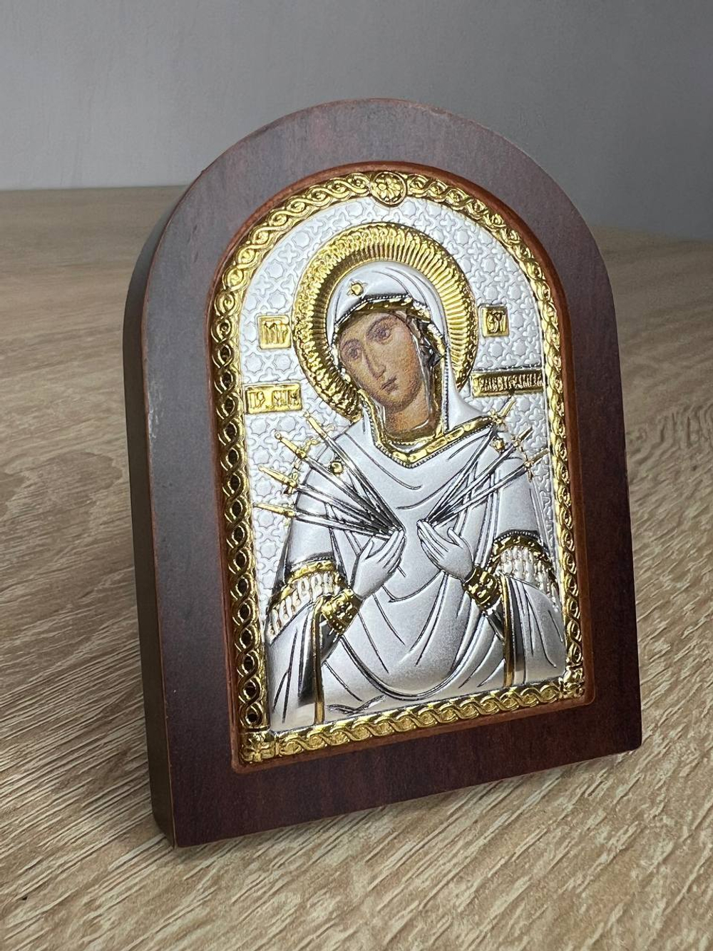 Семистрельная БМ, икона арочная, красное дерево, 86х112