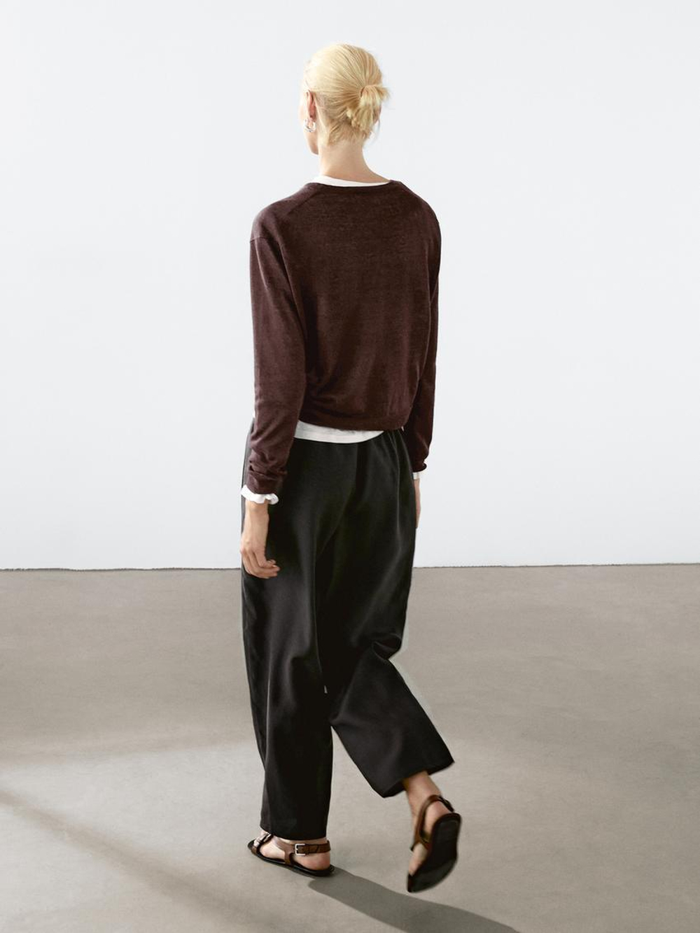 Massimo Dutti Свитер из 100% льна с круглым вырезом, коричневый