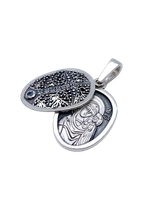 Образок из серебра/Чернение/С подвижным ухом/Со вставкой из синих фианитов/Казанская БМ