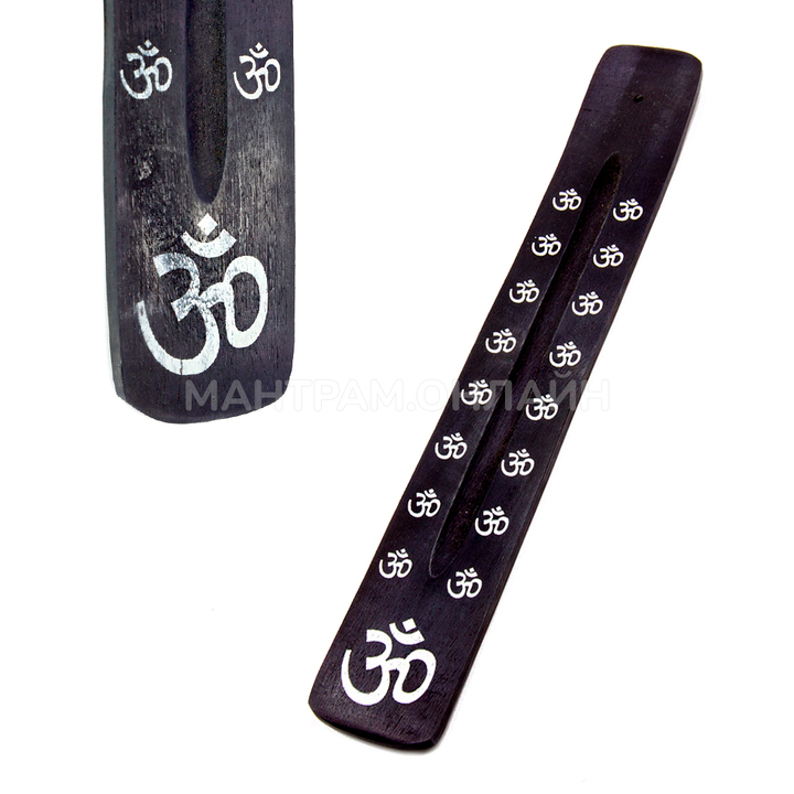 Подставка под благовония Лыжа Ом однополосная дерево цвет черный, рисунок серебристый