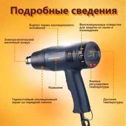 Строительный фен / Промышленный фен / Бесступенчатый термостат /2000 Вт/Ручная регулировка, 4 насадки с дисплеем(2 кВт, 250-500 л/мин, 60-600 градусов), профиссиональная серия