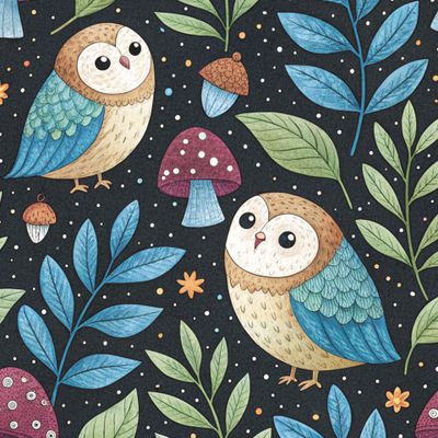 Совы, грибы и листья на черном 1