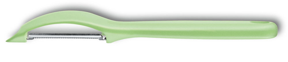 Фото овощечистка VICTORINOX Swiss Classic Trend Colors универсальная двустороннее зубчатое поворотное лезвие из нержавеющей стали рукоять из пластика салатового цвета в картонной коробке с подвесом с гарантией