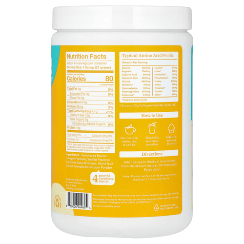 Further Food, Пептиды коллагена от травяного откорма + гриб тремелла, ваниль, 294 г (10,37 унции)