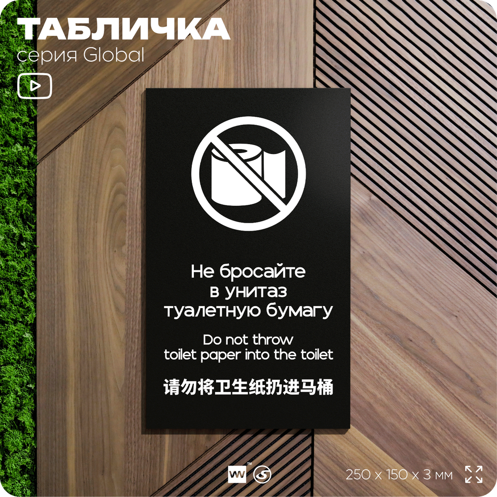 Табличка Не бросайте туалетную бумагу в унитаз, на дверь и стену, информационная и мультиязычная (русский, английский, китайский), серия GLOBAL, 25х15 см, Айдентика Технолоджи