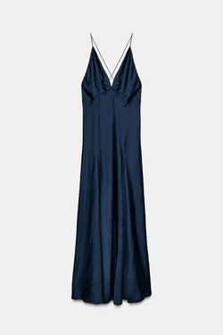 ZARA ДЛИННОЕ АТЛАСНОЕ ПЛАТЬЕ ИЗ КОЛЛЕКЦИИ ZW, МОРСКОЙ ТЕМНО-СИНИЙ