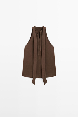 Massimo Dutti Топ из 100% струящегося льна с горловиной халтер, коричневый