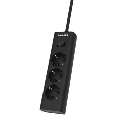 Сетевой фильтр удлинитель Philips CHP2135BB/51 с тремя стандартными розетками EU, с заземлением и защитой от перегрузок, 3 м, черный