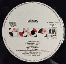 Винтажная виниловая пластинка LP Bryan Adams Reckless (Югославия 1984)