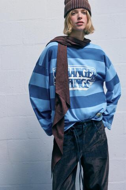 PULL&BEAR Футболка в полоску"Stranger Things ", синий