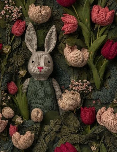 В ПУТИ, ВЯЗАНЫЙ ЗАЙЧИК С ТЮЛЬПАНАМИ, 100% хлопок 1