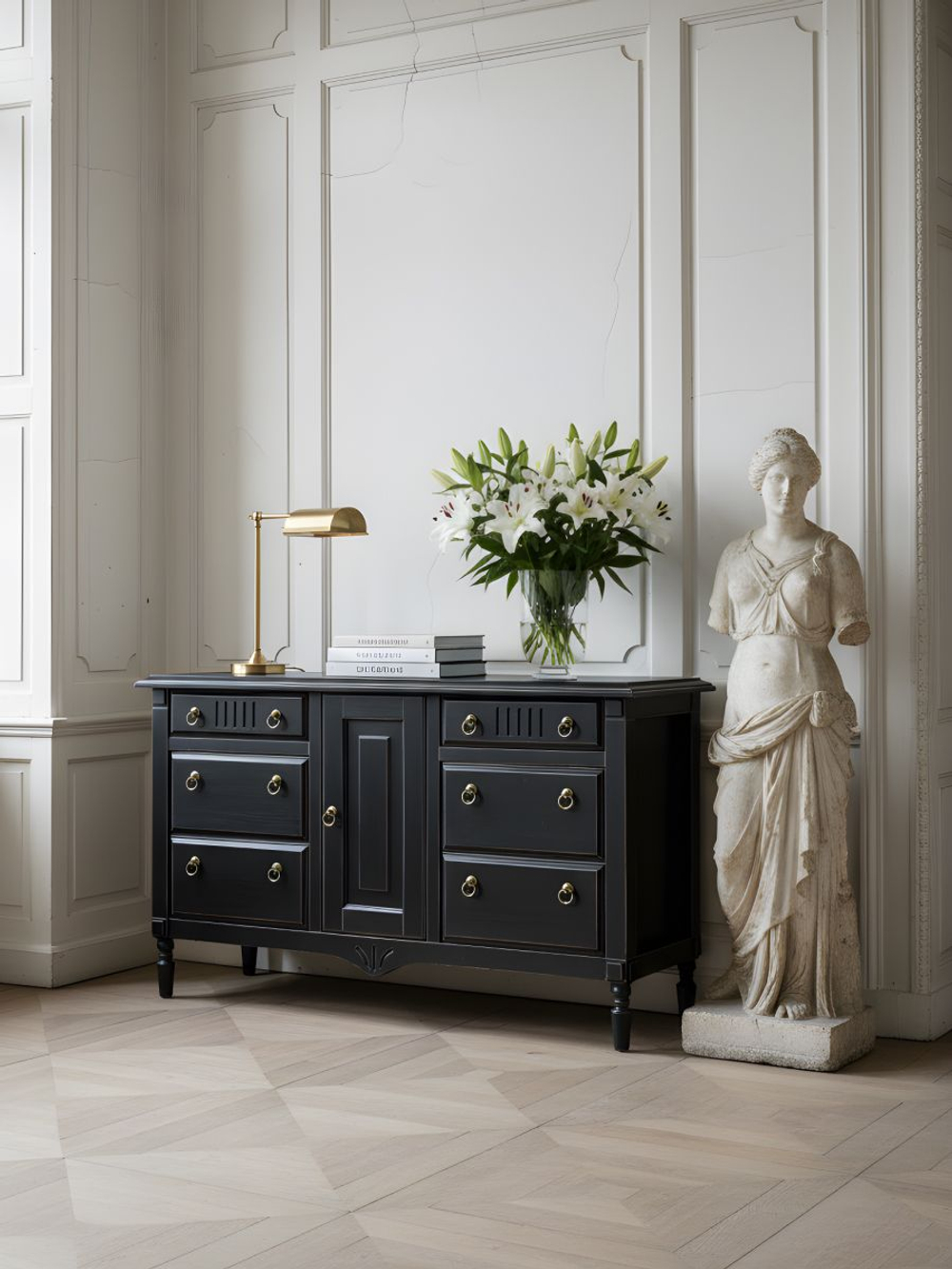 Комод 160х50х94, Джоли, с шестью ящиками для одежды, в спальню, прихожую, гостиную, массив березы, черный, Makosa