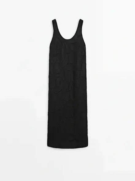 Massimo Dutti Платье миди с вышивкой, черный