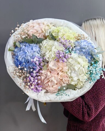 Букет с 7 гортензиями и цветной гипсофилой
