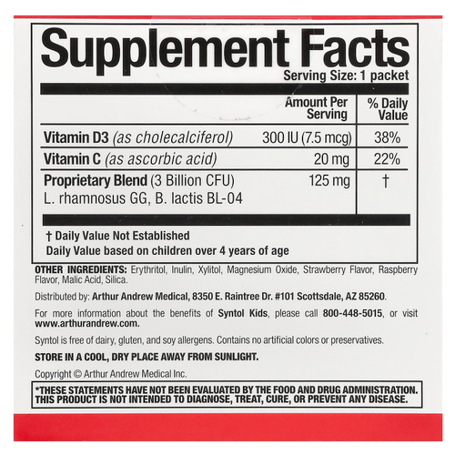 Arthur Andrew Medical, Syntol Kids, ежедневный пробиотик для детей, натуральные ягоды, 3 млрд, 30 порционных пакетиков