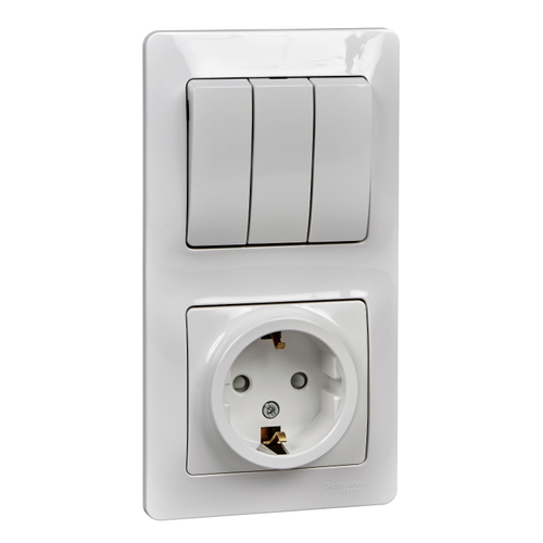 Schneider Electric Glossa Белый Блок: розетка с заземляющими контактами со шторками и выключатель 3-клавишный IP20 скрытая установка GSL000178