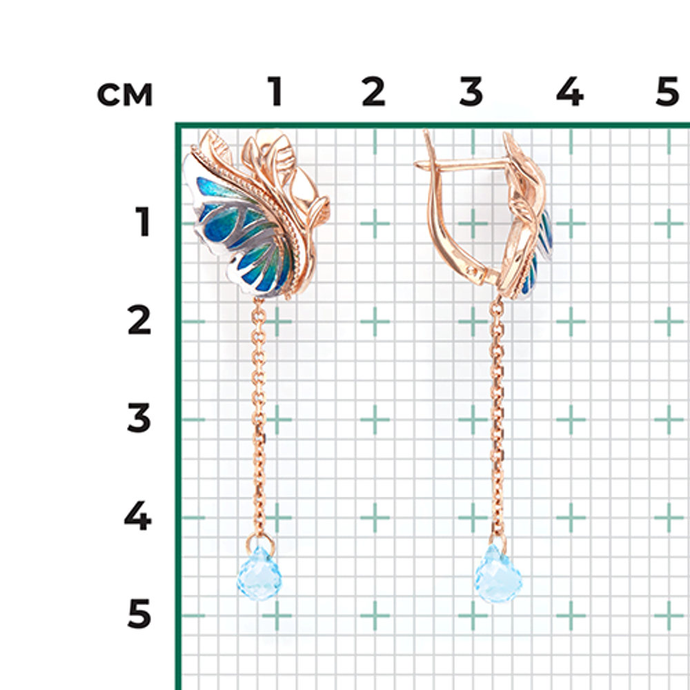 Серьги «Крылья бабочки» (пожелание здоровья) с английским замком из комбинированного золота с топазом и эмалью