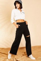 Qadın üçün rezinli, kəsikli, enli ayadlı şalvar qara 10111061