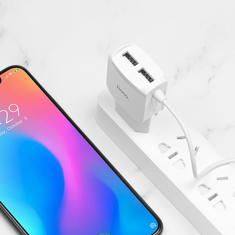 СЗУ USB Hoco C59A (12W, 2 порта, кабель MicroUSB) Белый