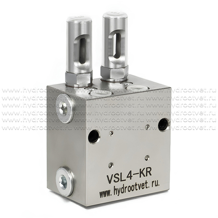 VSL4-KR - Питатель для двухлинейных систем смазки с рабочим давлением 400 бар, количество выходов 4, максимальная доза 5 мл/цикл, с регулятором и индикатором