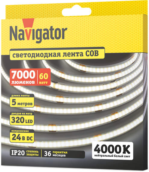 Лента светодиодная Navigator 24V 12Вт 4000К IP20 бухта 5м белая 40636