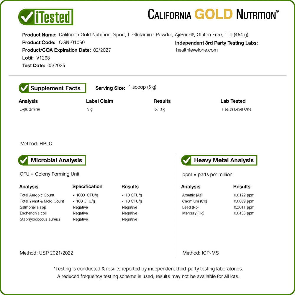 California Gold Nutrition, Sport, AjiPure®, L-глютамин в порошке, без глютена, 454 г (1 фунт)