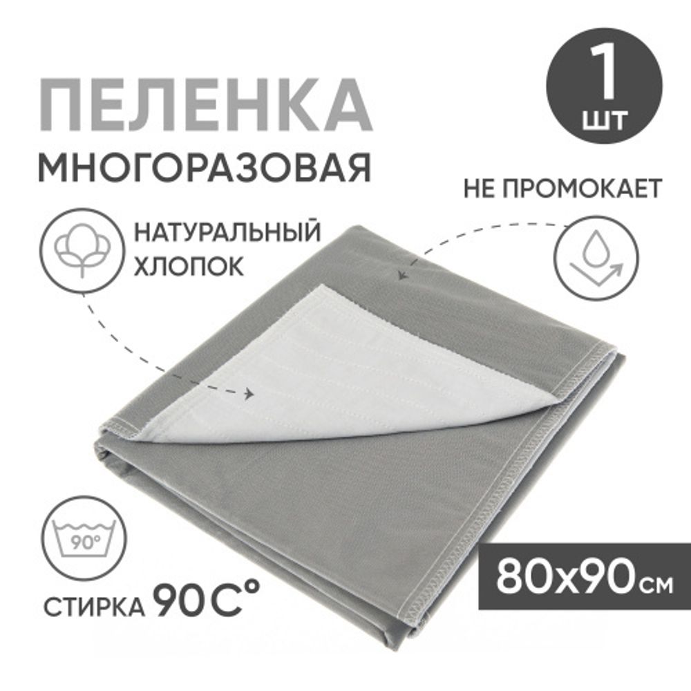 Многоразовая впитывающая пеленка, хлопок, полиэстер, ПВХ, 80x90 см, бело-серая Beside