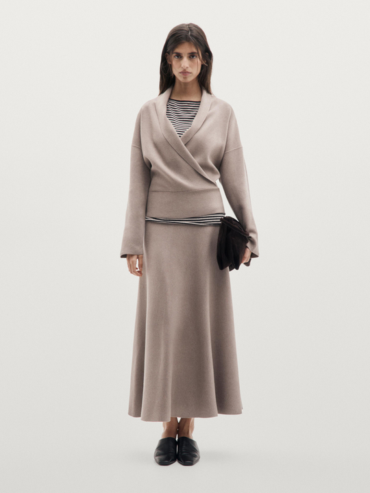 Massimo Dutti Вязаная расклешенная юбка миди, серый