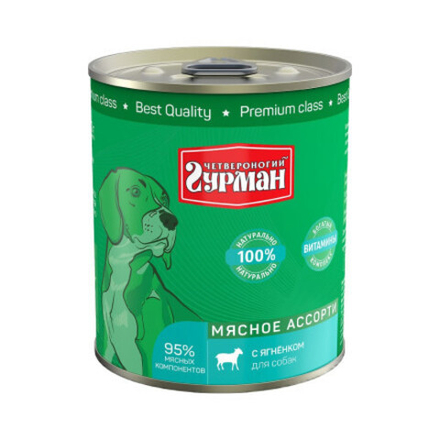 Мясное ассорти с ягнёнком, 340г Четвероногий Гурман, консервированный корм для собак ж/б