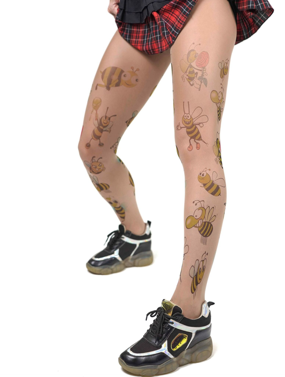 Озорные колготки с цветным принтом в виде пчёлок (Размер: S-M-L) (Цвет: бежевый)