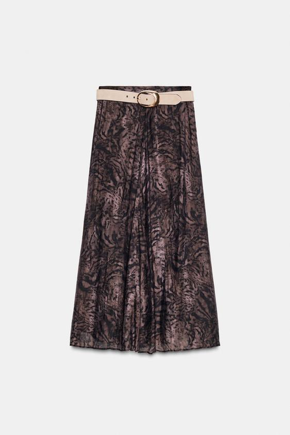 ZARA ЮБКА МИДИ С ПРИНТОМ И РЕМНЕМ, ТЕМНО-БАКЛАЖАНОВЫЙ