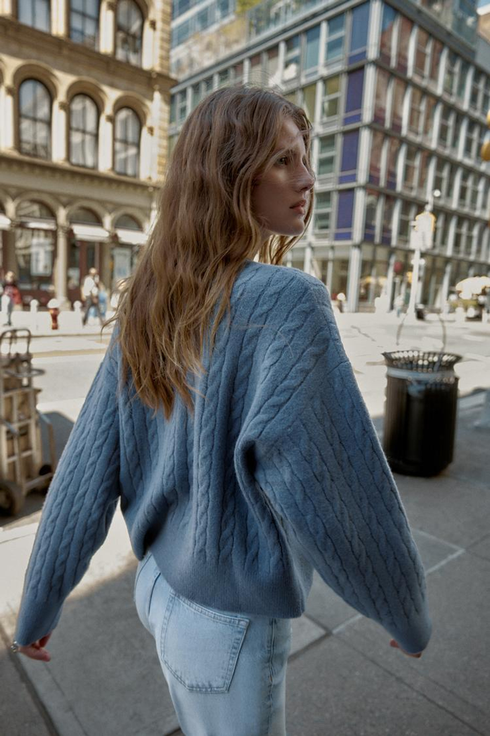 ZARA ДЖЕМПЕР ВЯЗКА КОСИЧКОЙ, СИНИЙ