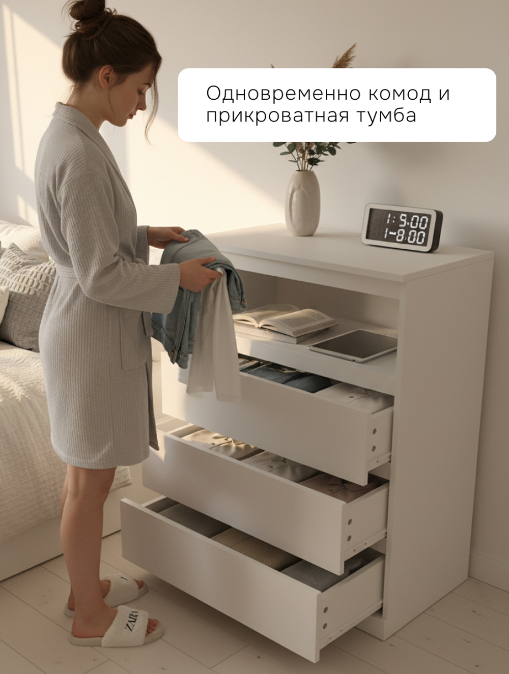 Комод 70х35х89 Марм, с ящиками для одежды и игрушек, в прихожую, детскую, 3 ящика и ниша, белый