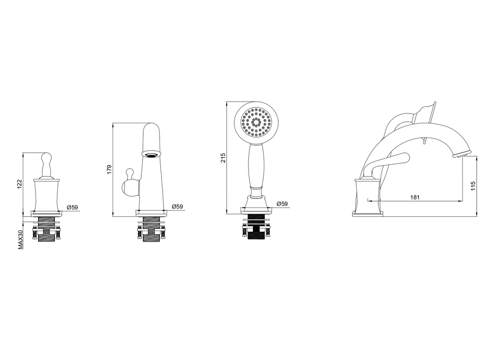 Смеситель на борт ванны WONZON & WOGHAND STEAM, Брашированное золото (WW-88659008-BG)