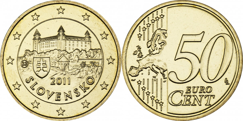 Словакия 50 евроцентов, 2009-2024 Братиславский град XF