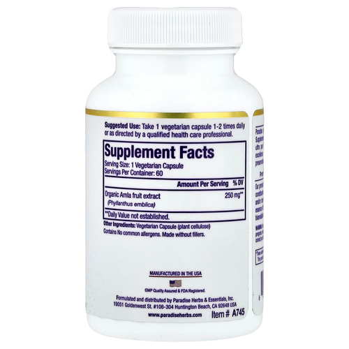 Paradise Herbs, амла, 60 вегетарианских капсул (250 мг в 1 капсуле)