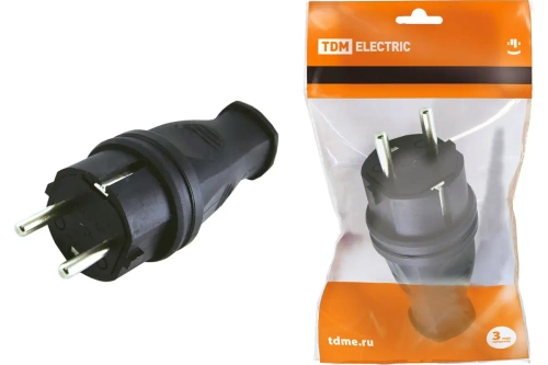 TDM Вилка прямая каучуковая 2Р+РЕ 16А 250В IP44 SQ0612-0001