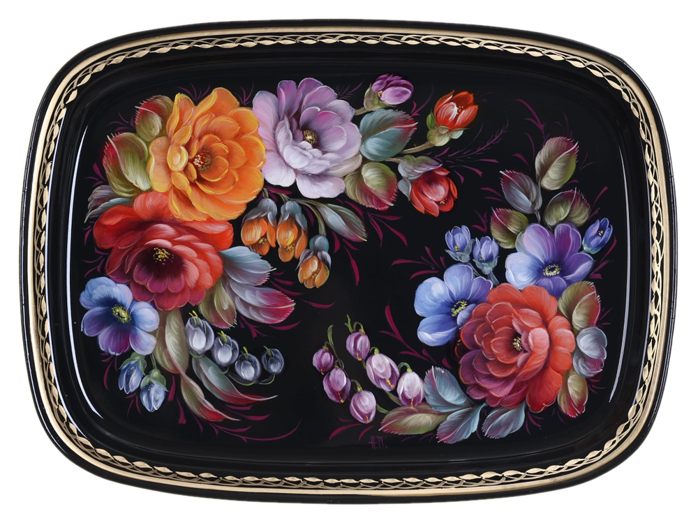 Жостовский поднос декоративный, размер 33х24 см (A12), металлический