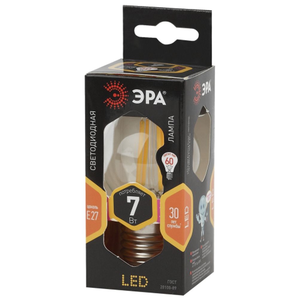 Лампа светодиодная ЭРА F-LED P45-7W-827-E27 7Вт филамент шар теплый белый свет Е27 | Филаментные декоративные