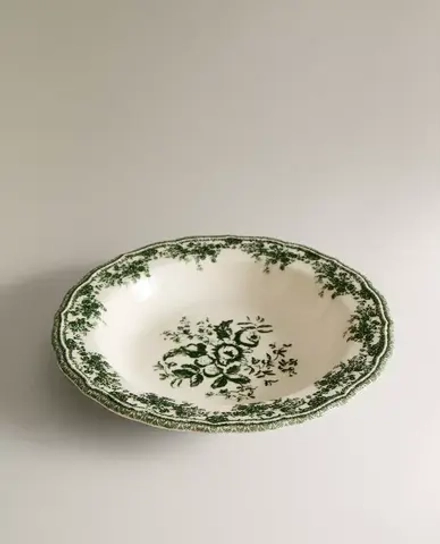 ZARA HOME ГЛУБОКАЯ ТАРЕЛКА ИЗ ФАЯНСА С ЦВЕТОЧНЫМ УЗОРОМ, ОЛИВКОВЫЙ